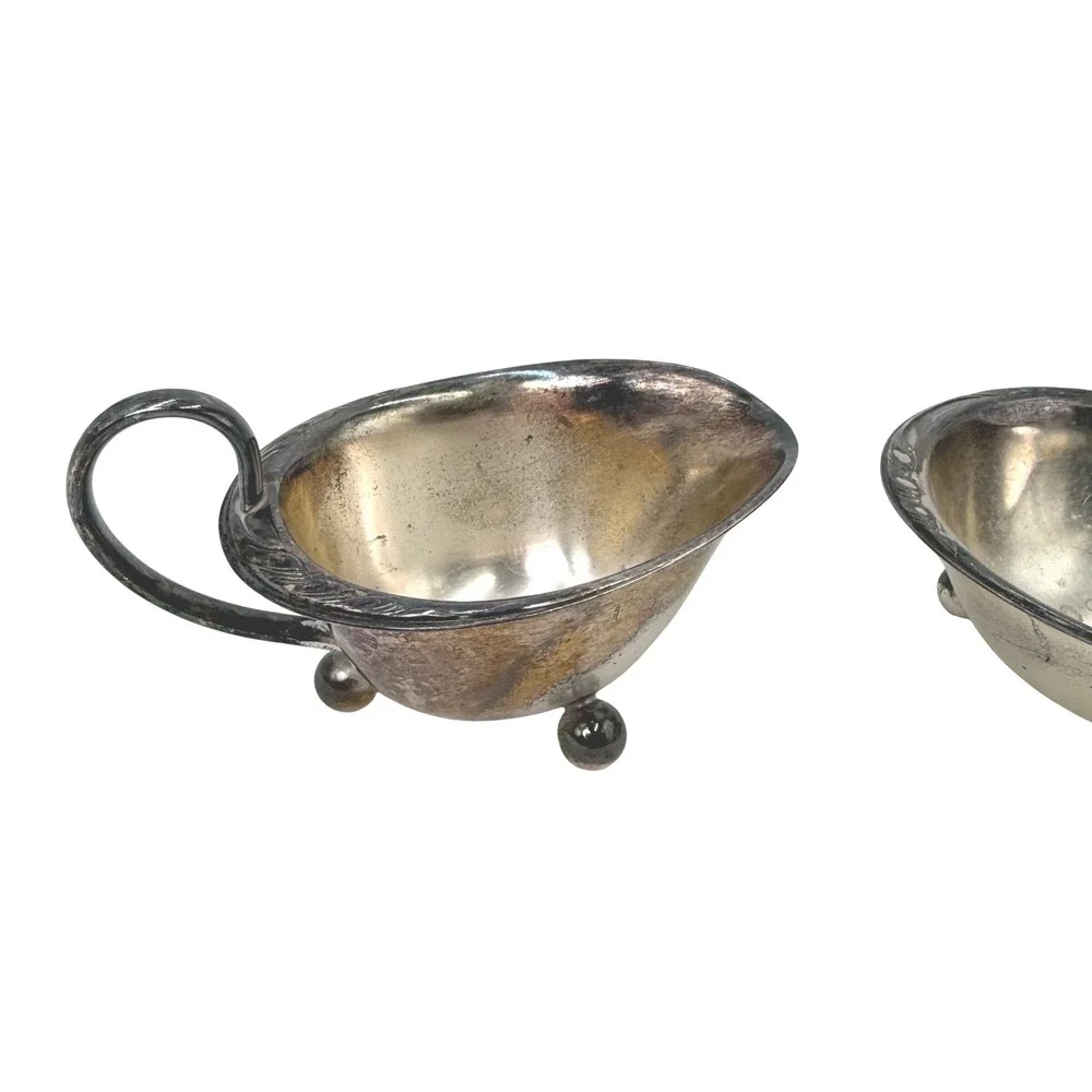 Vintage Silverplate Footed‎ Creamer and Sugar Bowl Set Floral Etched Ball Feet